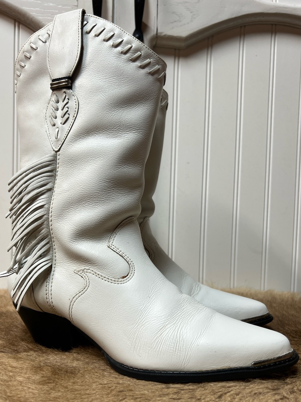 90s Code West White Tassel Western Cowboy Boots 7.5 Vintage
